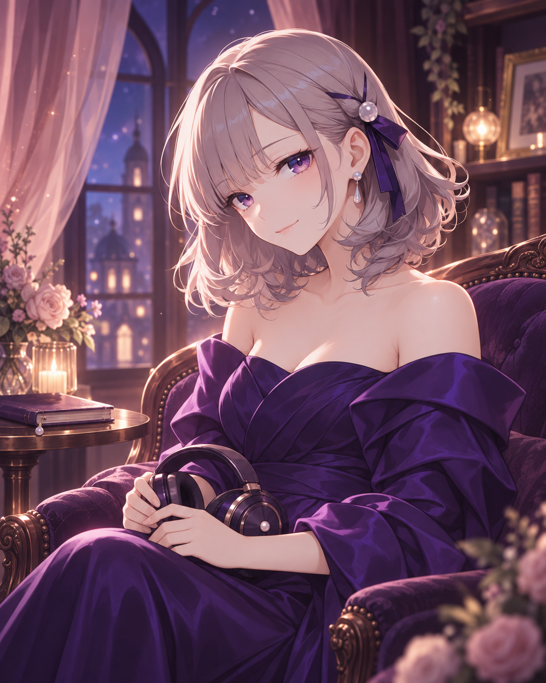 Yumerae seated in her midnight atelier, holding a pair of headphones.